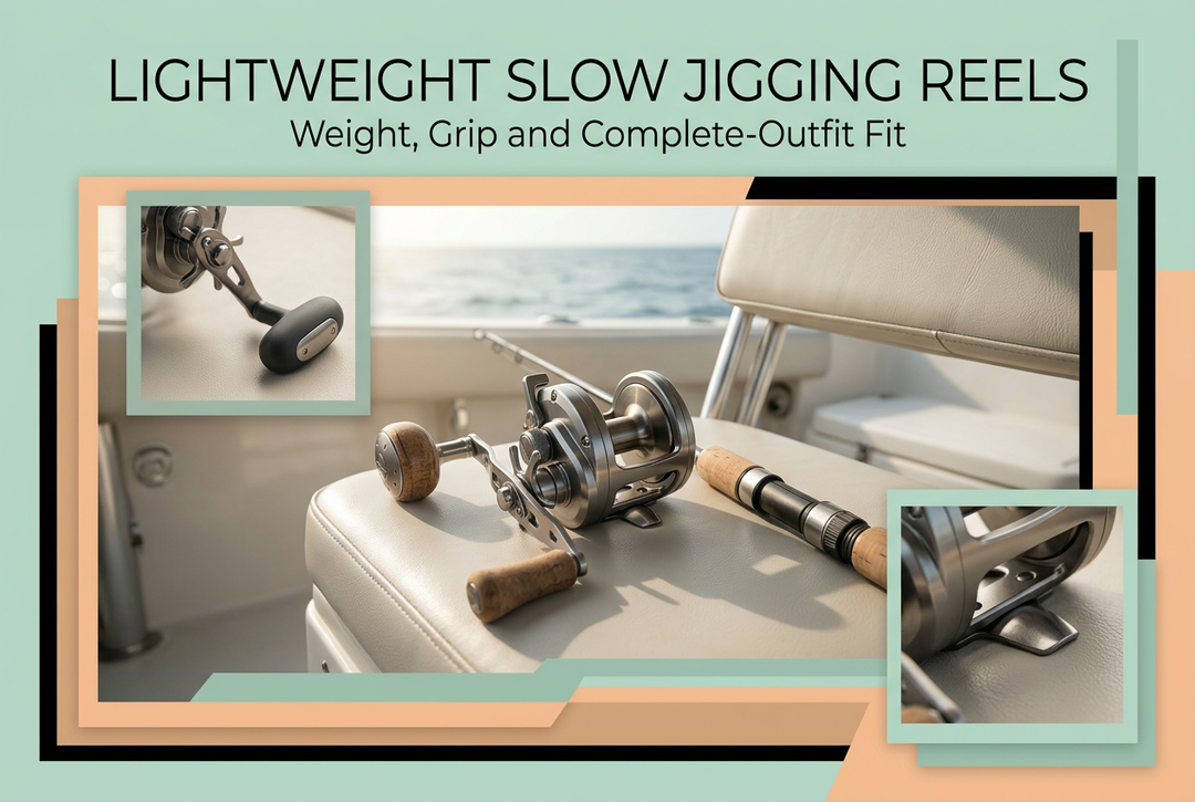 Lightweight slow jigging reel guide showing a conventional reel beside an unloaded rod grip on a shaded boat seat, with grip and reel-foot detail insets.