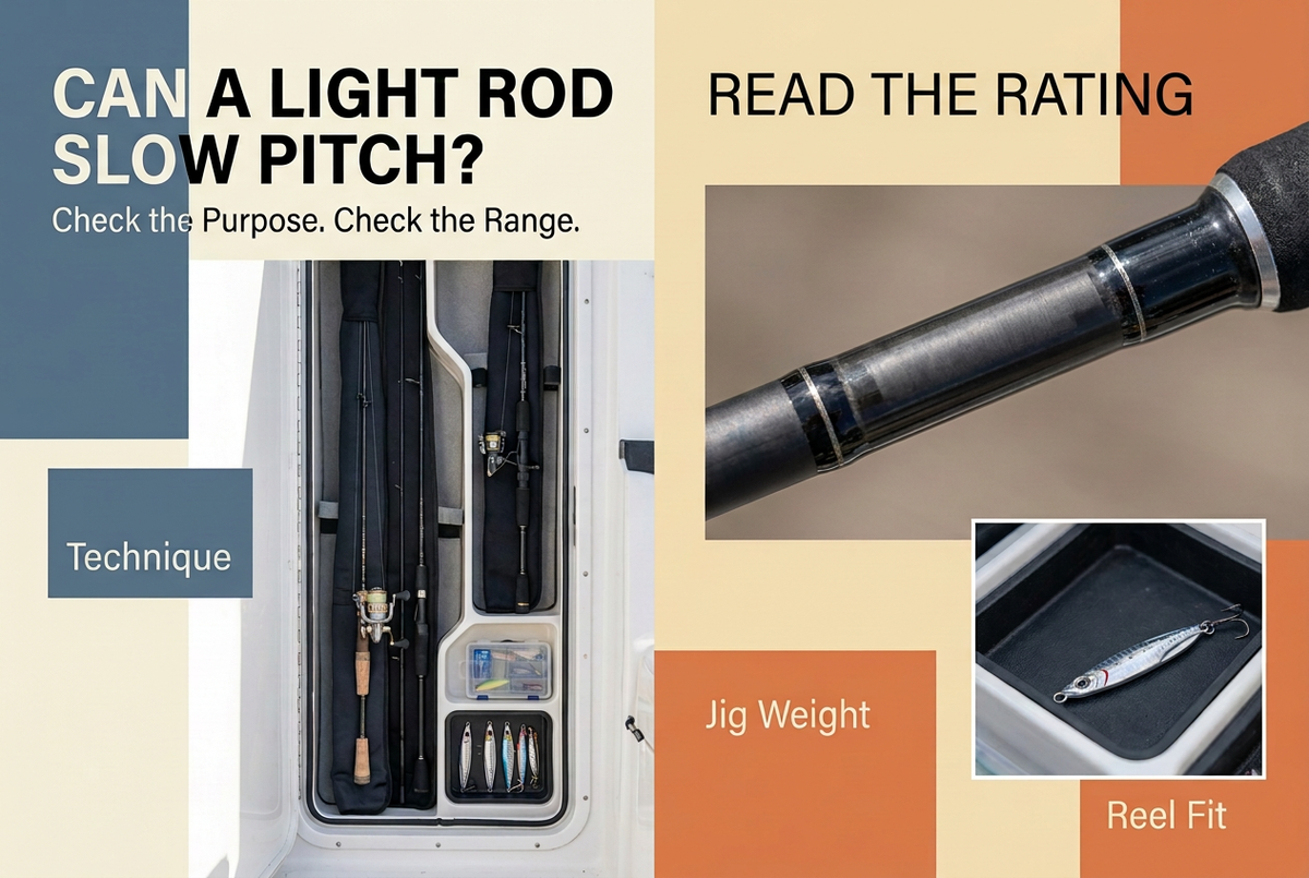 Boat rod storage and macro tackle details beside the English headline Can a Light Rod Slow Pitch? and the reminder Read the Rating.