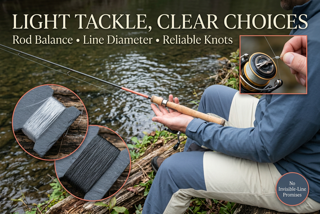 Photo-style light-tackle cover showing an angler checking a spinning outfit at a creek, with clear-line, braid and reel close-ups.
