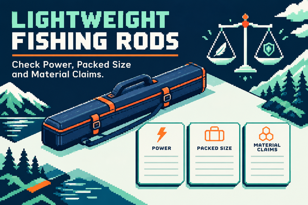 Lightweight Fishing Rods English cover with a conceptual rod case, balance and specification cards in navy, mint and orange isometric pixel art.