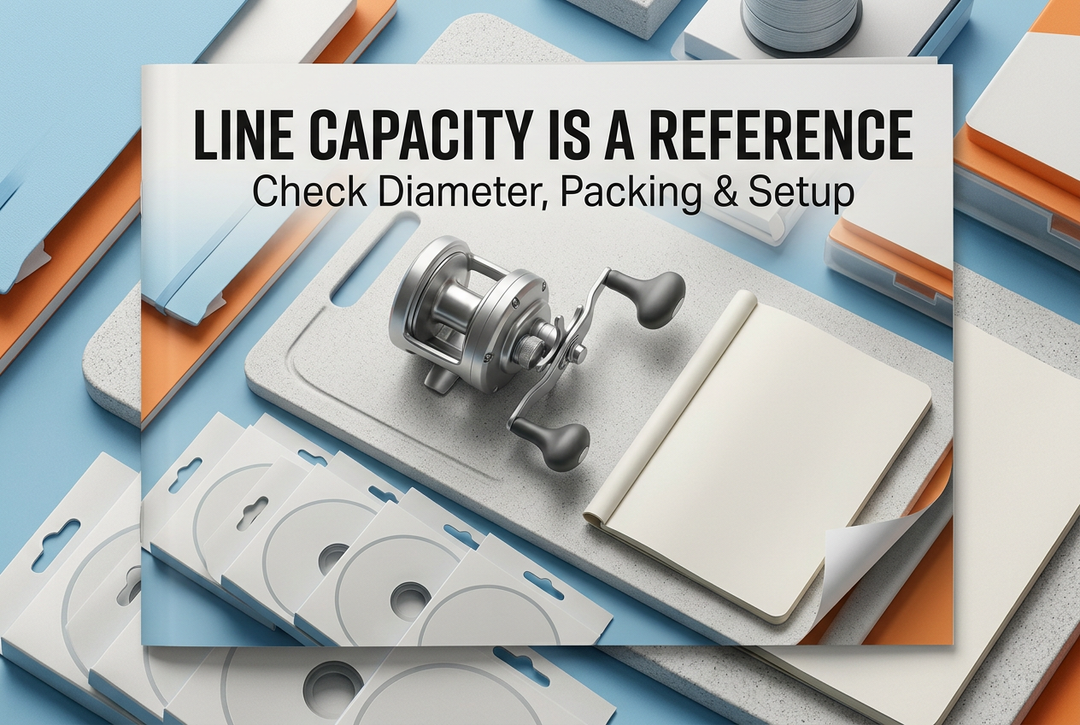 Line Capacity Is a Reference cover showing a generic overhead reel, plain line packaging and blank notebook in a layered sky-blue, white and orange photographic layout.