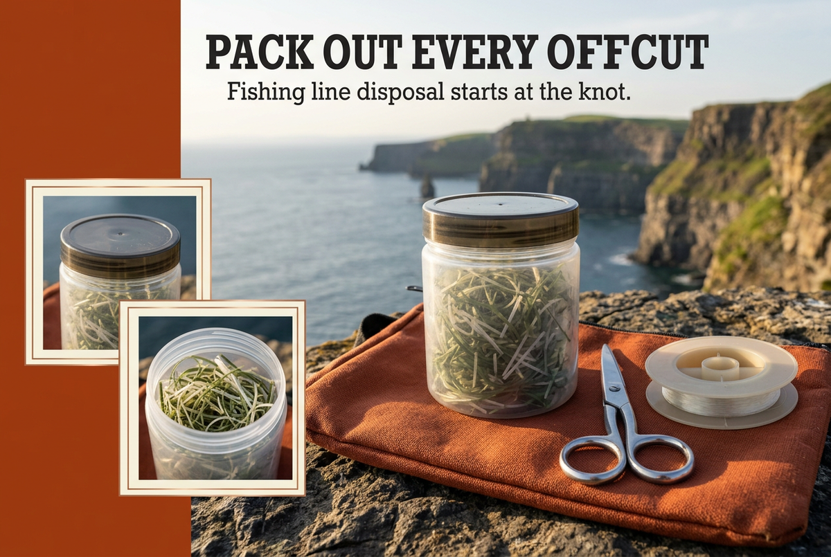Closed container of collected fishing line offcuts beside scissors and a spool on a coastal rock ledge under Pack Out Every Offcut