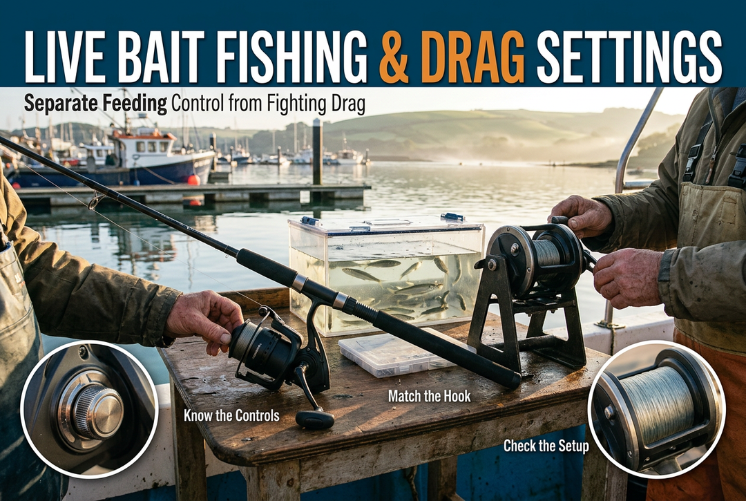 Spinning and conventional reels beside a baitfish tank at a marina, with drag-control close-ups and an English live bait drag settings headline.