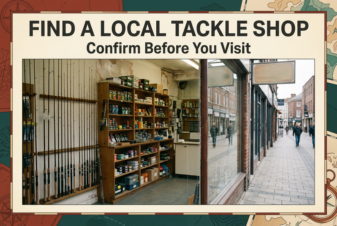 Find a Local Tackle Shop cover showing an anonymous fishing shop interior through a street-facing window with a blank sign.