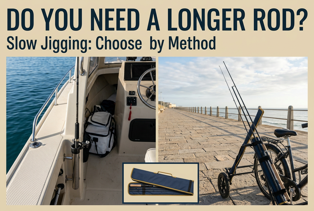 Split boat-cockpit and seaside-promenade scenes with stored fishing rods and a rod-case inset beneath Do You Need a Longer Rod.