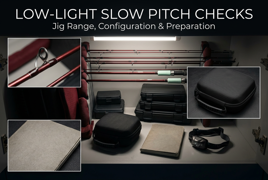 Low-Light Slow Pitch Checks cover showing generic unloaded rods in a padded equipment rack, closed cases, headlamp and notebook, with guide and storage detail panels.