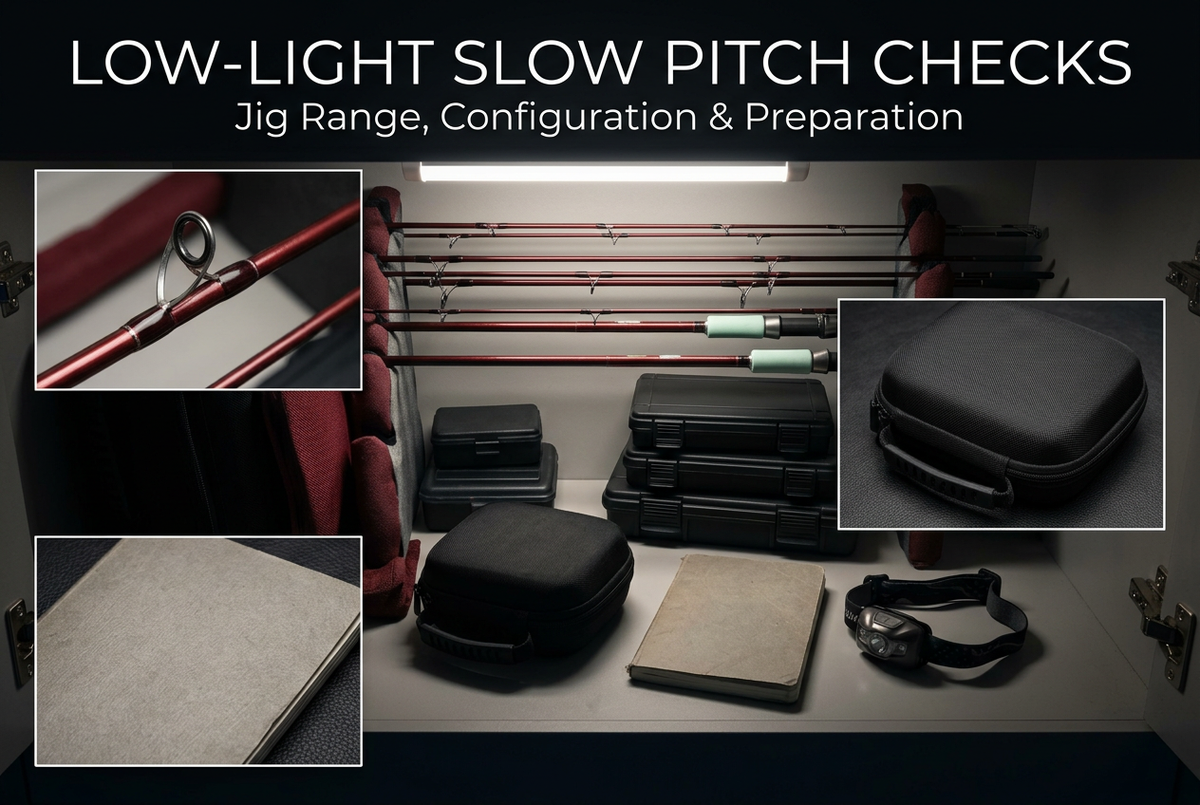 Low-Light Slow Pitch Checks cover showing generic unloaded rods in a padded equipment rack, closed cases, headlamp and notebook, with guide and storage detail panels.
