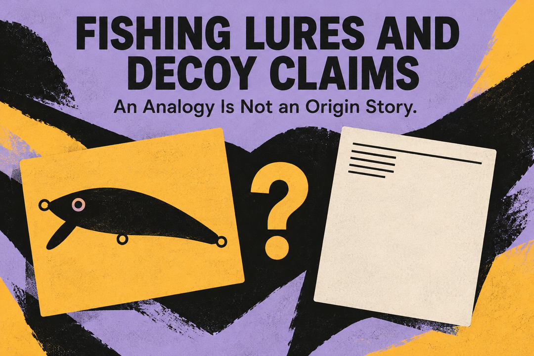 Fishing Lures and Decoy Claims English cover with a conceptual hookless lure silhouette, document and question mark in lavender, black and saffron.