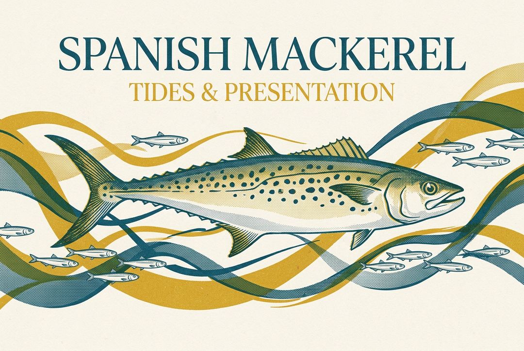 Illustrated Spanish mackerel and baitfish among mustard and blue current ribbons