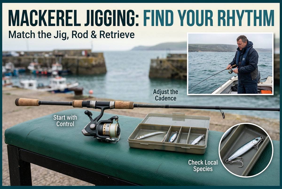 Light spinning outfit and silver metal jigs beside a harbor, with a boat-fishing inset and the headline Mackerel Jigging: Find Your Rhythm.