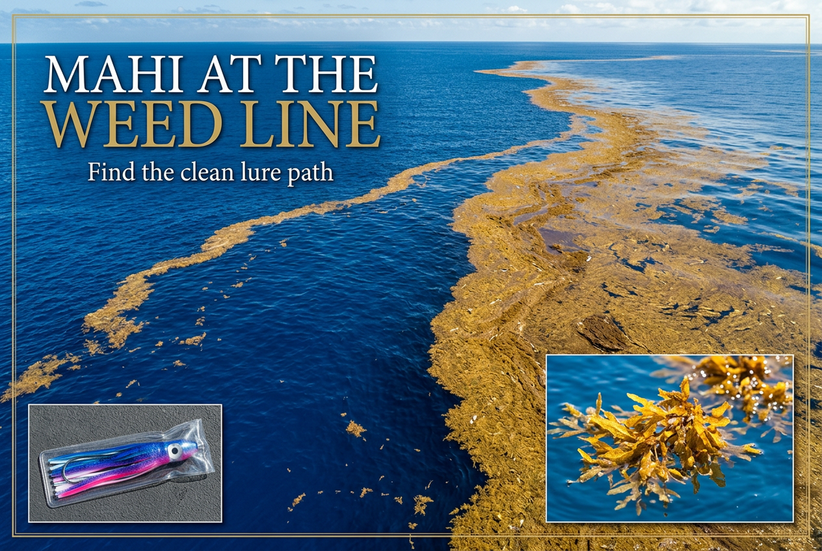 Golden floating sargassum bordering cobalt-blue ocean, with seaweed and skirted-lure insets, headed Mahi at the Weed Line.