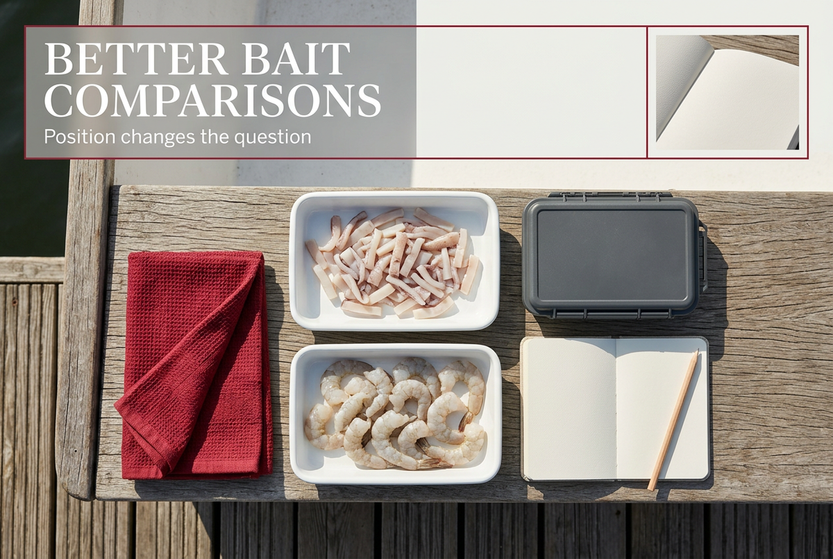 Overhead view of squid strips and shrimp in separate trays beside a red towel, tackle case and notebook, headed Better Bait Comparisons.