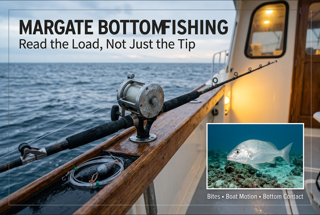 Photographic-style editorial cover showing conventional fishing tackle on a boat beside an underwater margate inset and the heading Margate Bottom Fishing.