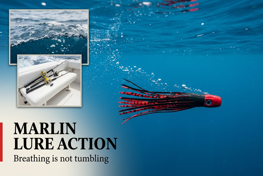 Red-headed skirted lure underwater with a bubble trail, surface-water and boat-equipment insets, headed Marlin Lure Action: Breathing is not tumbling.