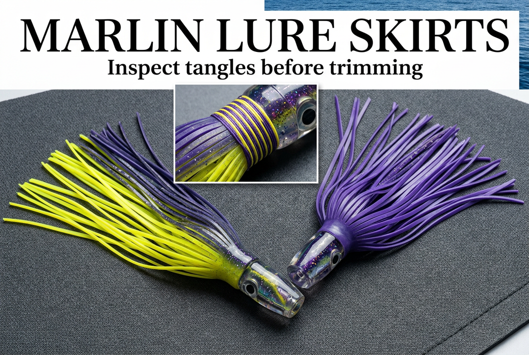 Unrigged trolling lure heads with violet and yellow skirts on a charcoal mat, headed Marlin Lure Skirts: Inspect tangles before trimming.