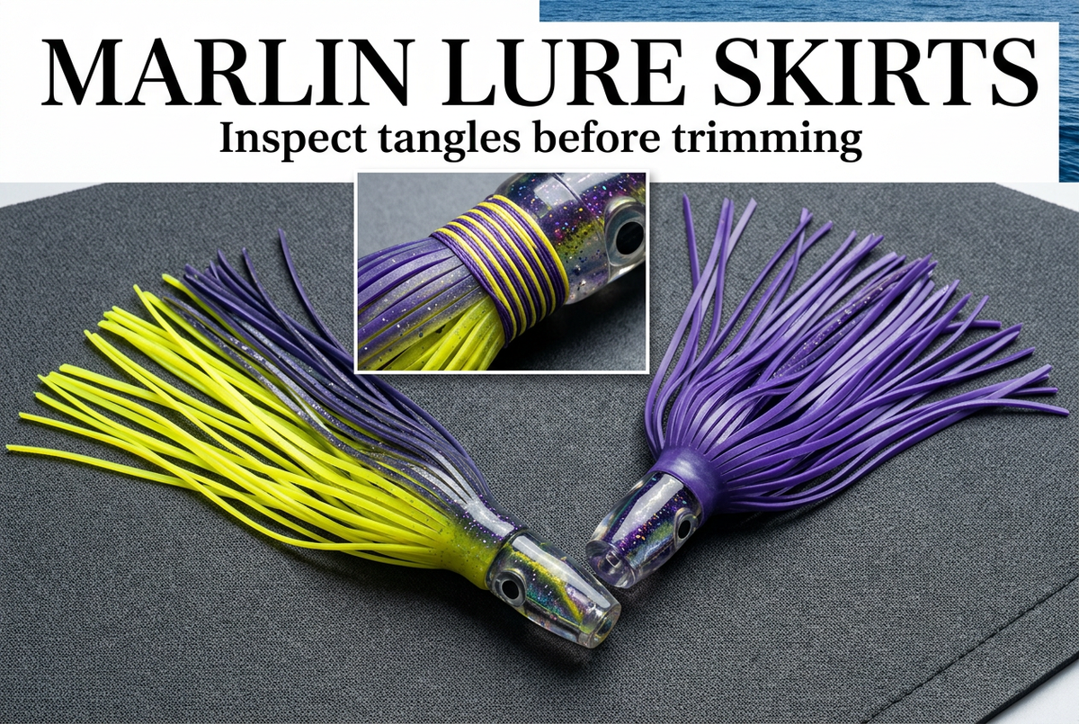 Unrigged trolling lure heads with violet and yellow skirts on a charcoal mat, headed Marlin Lure Skirts: Inspect tangles before trimming.