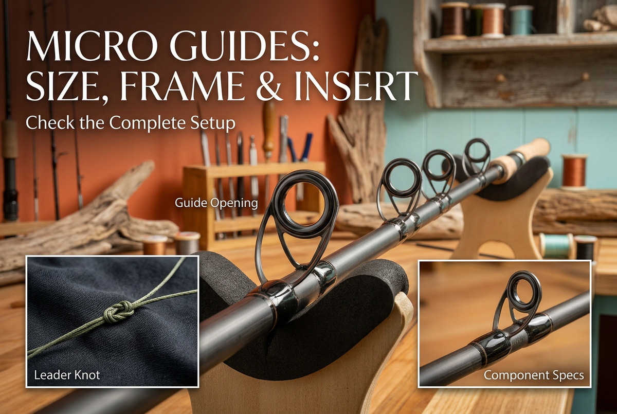 Rod guide train in a padded support with separate leader-knot and guide-foot insets beneath the headline Micro Guides: Size, Frame and Insert.