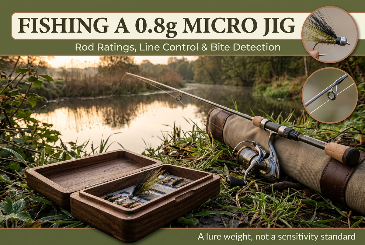 Ultralight spinning outfit beside a freshwater stream with a box of small hair jigs and macro insets, headed Fishing a 0.8g Micro Jig.