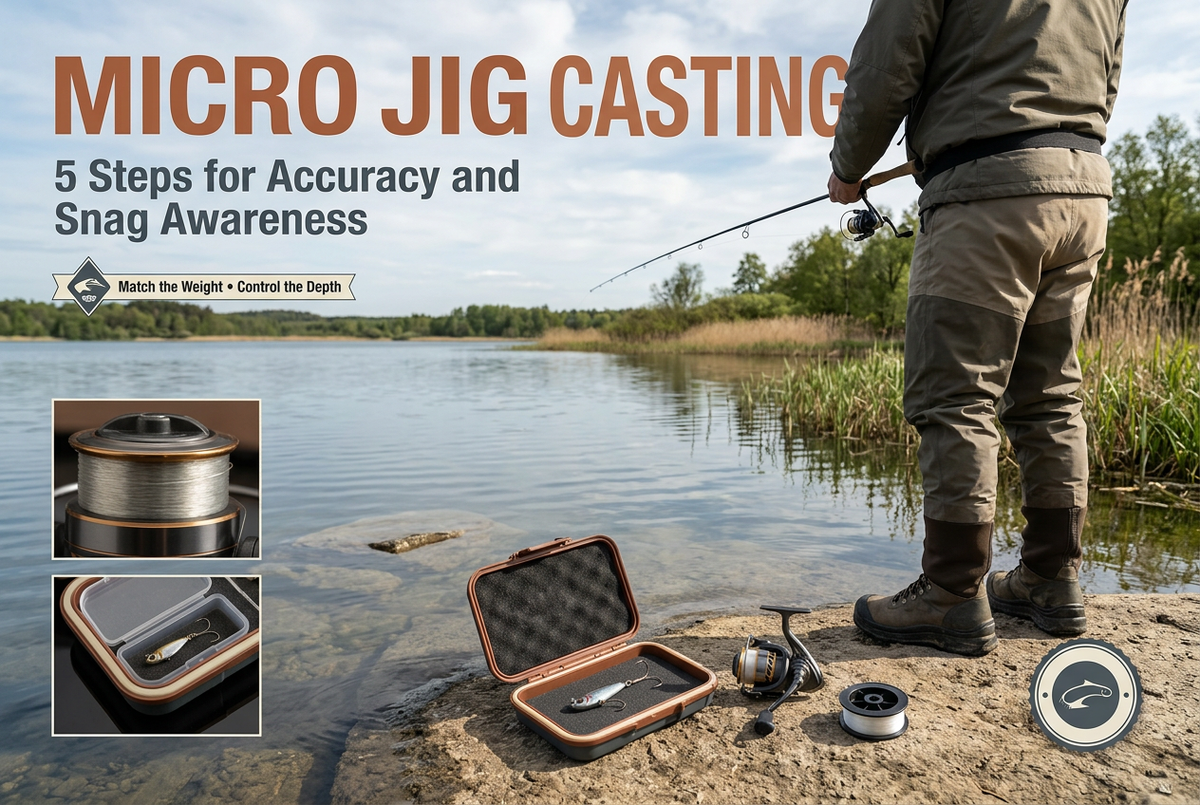 Photo-style micro jig casting cover showing an angler on a stable reservoir bank, small jigs in a tackle case and spinning-reel spool details.