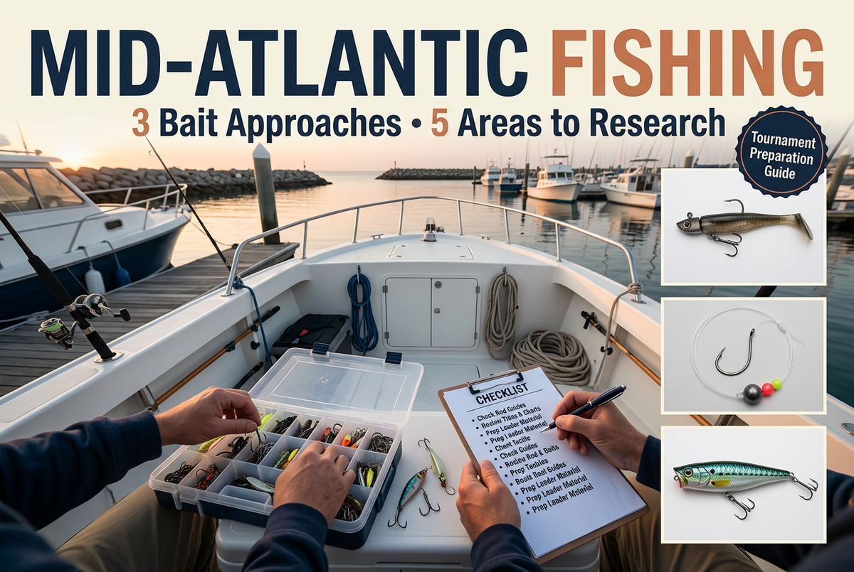Photo-style regional tournament preparation cover showing a boat cockpit, tackle box and checklist, with soft-plastic, hook-rig and plug insets.