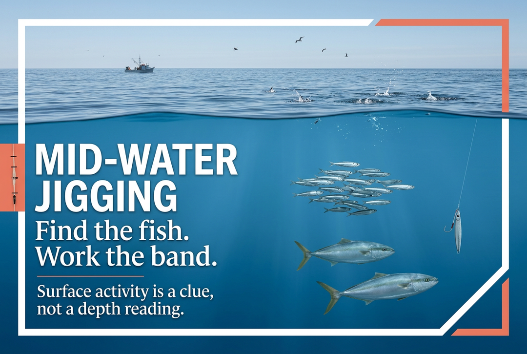 Split-level ocean illustration showing surface splashes, a suspended baitfish school, larger fish and a metal jig, with the title Mid-Water Jigging.