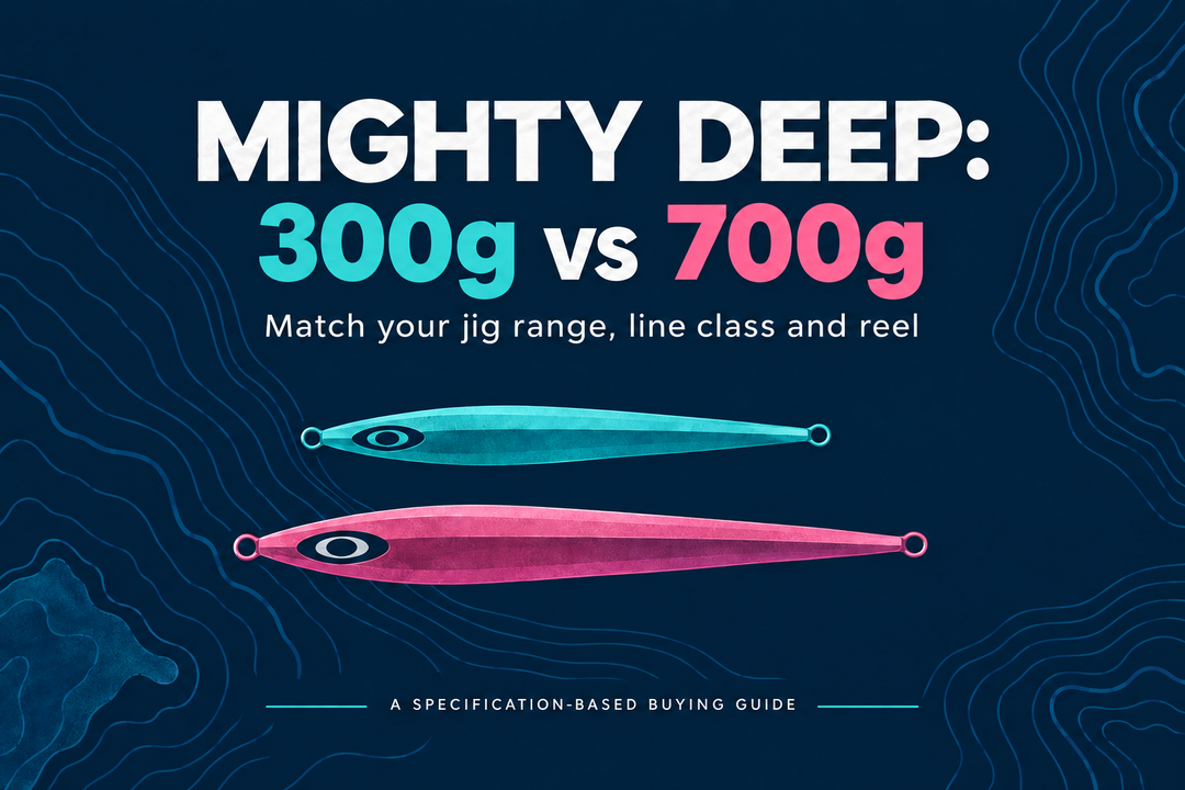 Mighty Deep 300g versus 700g buying guide cover with illustrated teal and pink metal jigs
