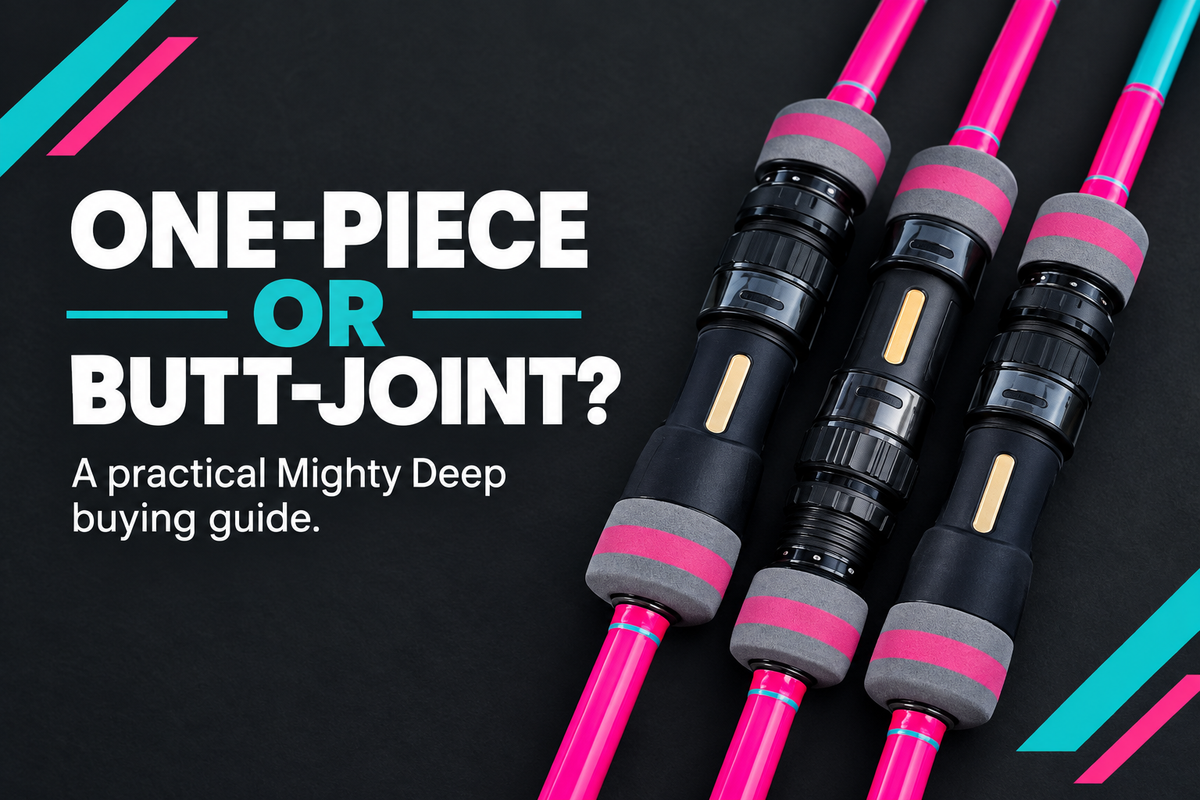 Illustrated Mighty Deep buying guide cover with pink rod handles and the heading One-Piece or Butt-Joint