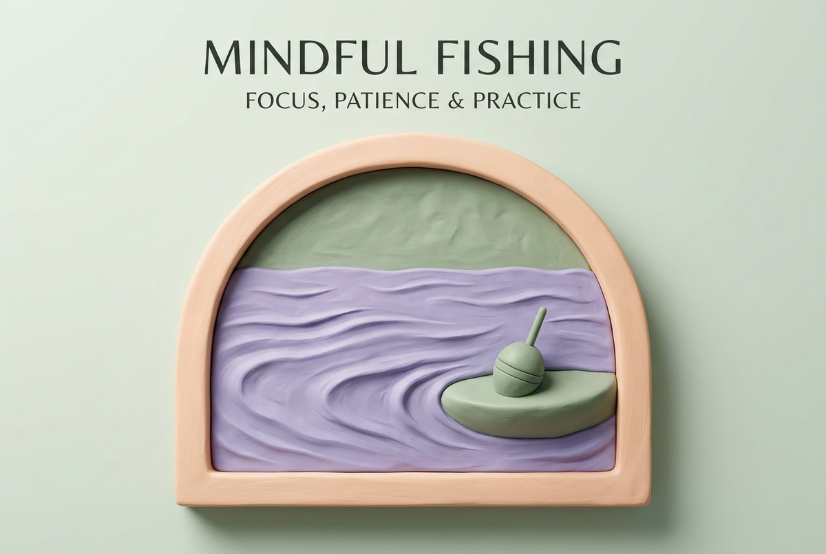 Pastel clay-relief concept with a peach arch, lavender water ripples and a generic float sculpture beneath Mindful Fishing: Focus, Patience and Practice.