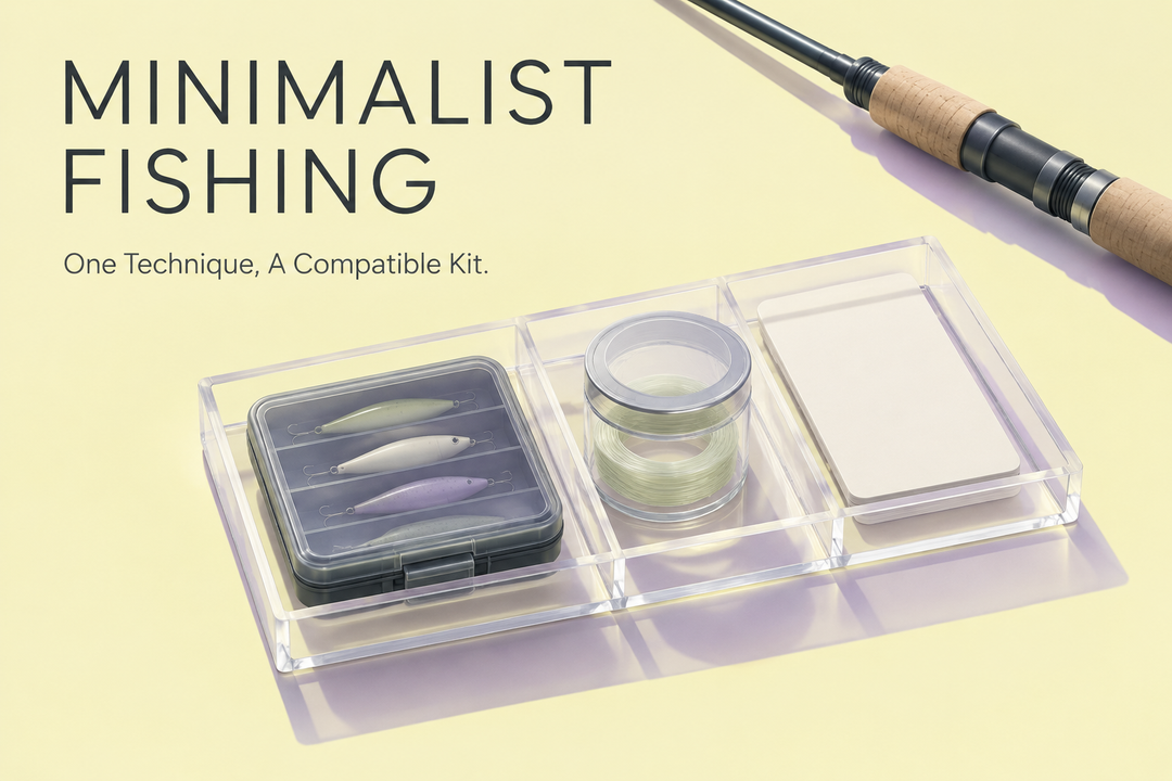 Minimalist Fishing English cover with a conceptual clear compartment tray, closed lure case, lidded line jar and planning card in pale yellow and lavender.