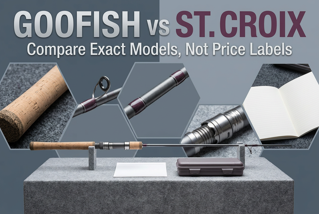 GOOFISH vs St. Croix cover with a generic unloaded cork-grip rod on a gray display pedestal, closed case and hexagonal grip, guide, fitting and notebook photo panels.