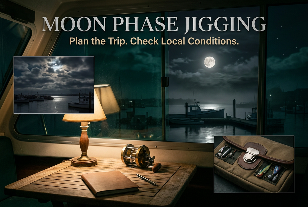 Moonlit harbor viewed from a warmly lit cabin with generic reel, notebook and tackle insets, titled Moon Phase Jigging: Plan the Trip Check Local Conditions.