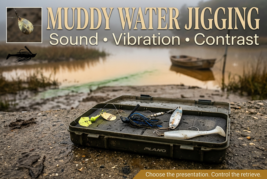 Fishing lures in an open tackle tray beside a muddy estuary, with the English title Muddy Water Jigging: Sound, Vibration, Contrast.