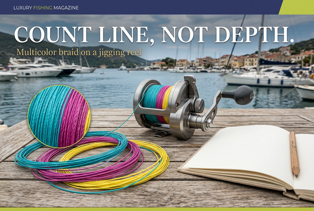 Conventional jigging reel, multicolor fishing line and blank notebook at a harbor, with the headline Count Line, Not Depth.