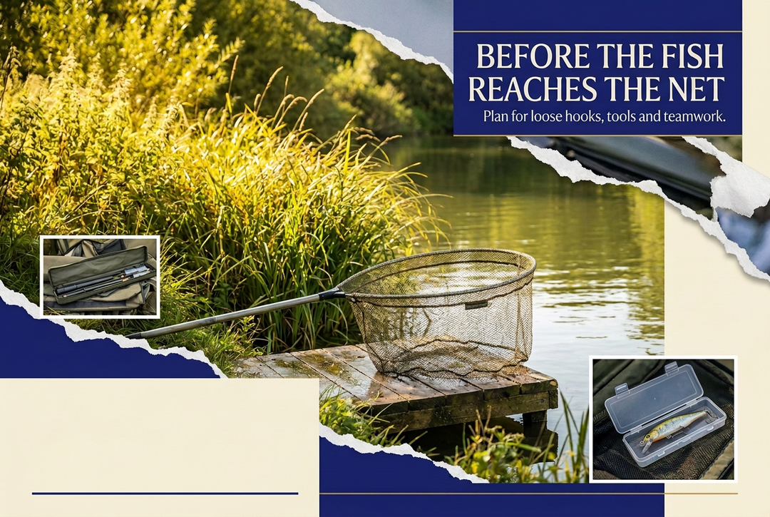 Empty landing net beside a sunlit river with layered blue and cream framing and the headline Before the Fish Reaches the Net