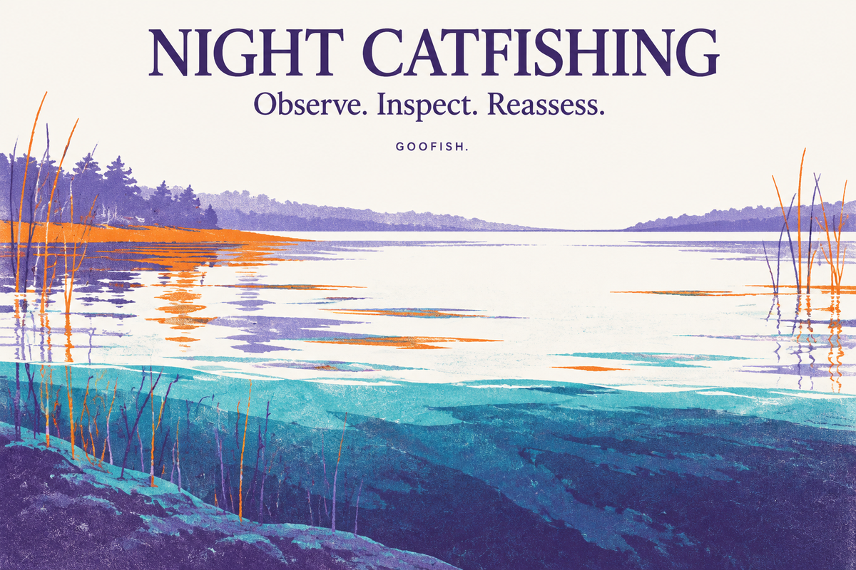 Night Catfishing cover in lavender, orange and cyan showing stylized shoreline reflections and reeds beneath a spacious cream title area