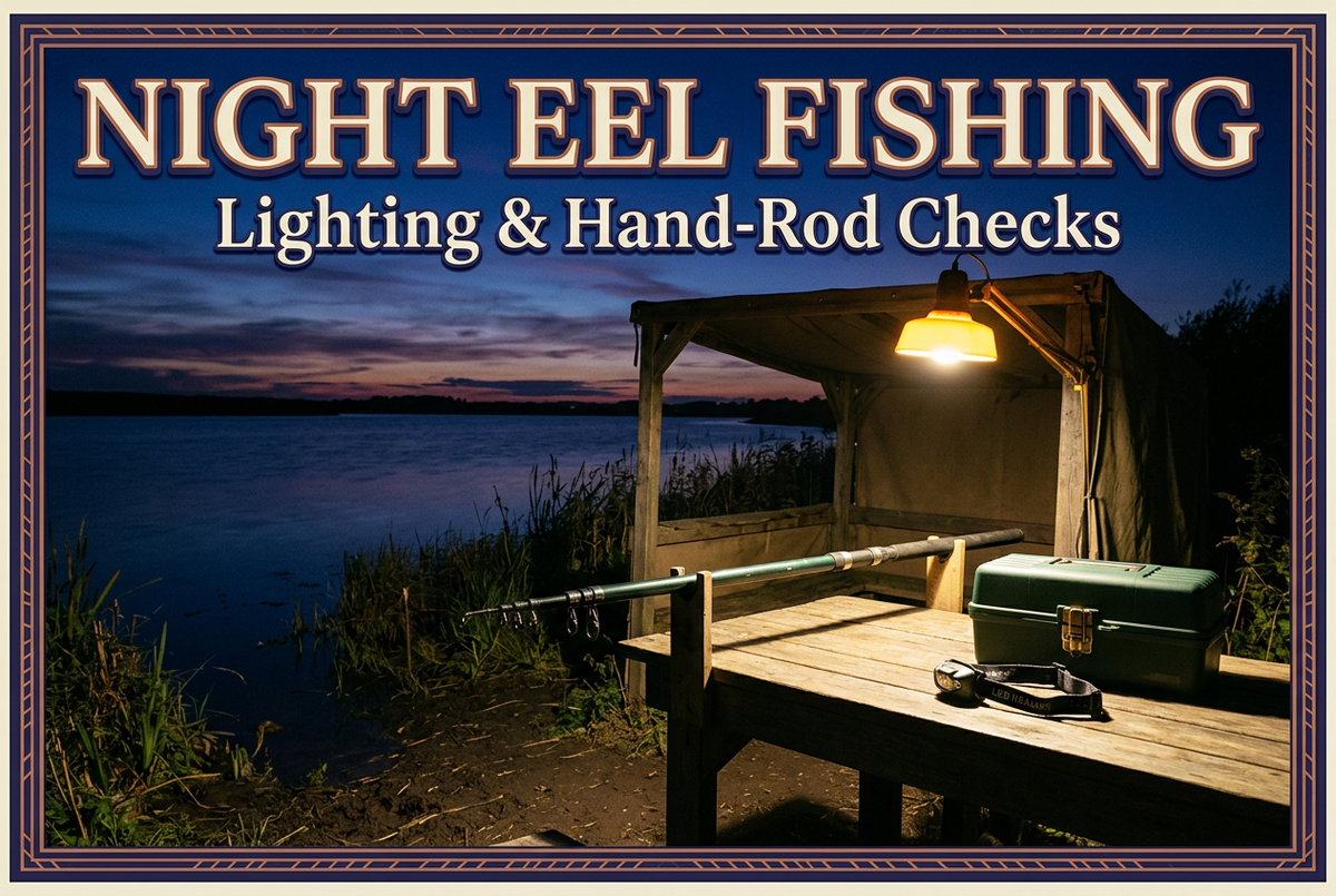 Night Eel Fishing cover showing a lamp-lit sheltered table with a generic rod, closed tackle box and headlamp beside water at dusk.