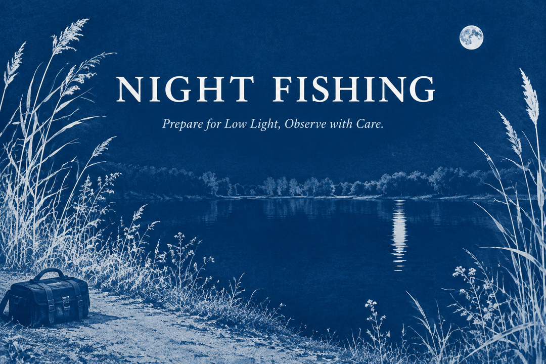 Night Fishing English cover in a blue cyanotype style showing reeds, moonlit water and a closed tackle bag, a conceptual scene rather than a real fishing site.