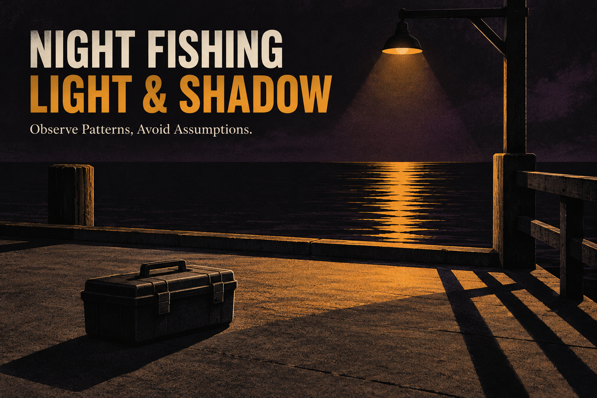 Night Fishing Light and Shadow English cover showing an amber lamp reflection, empty pier and closed tackle case in a conceptual charcoal and plum scene.