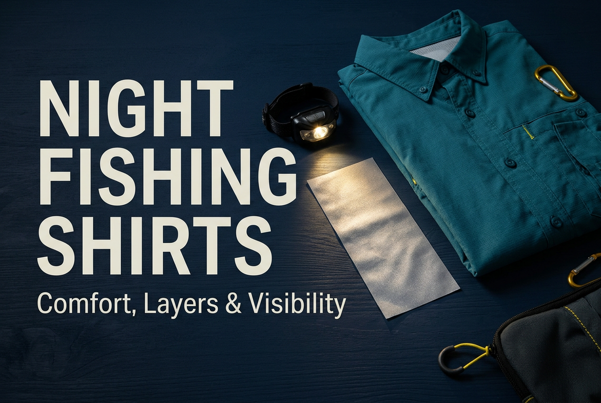 English Night Fishing Shirts cover with a teal shirt, headlamp and separate reflective fabric swatch on a dark tabletop.