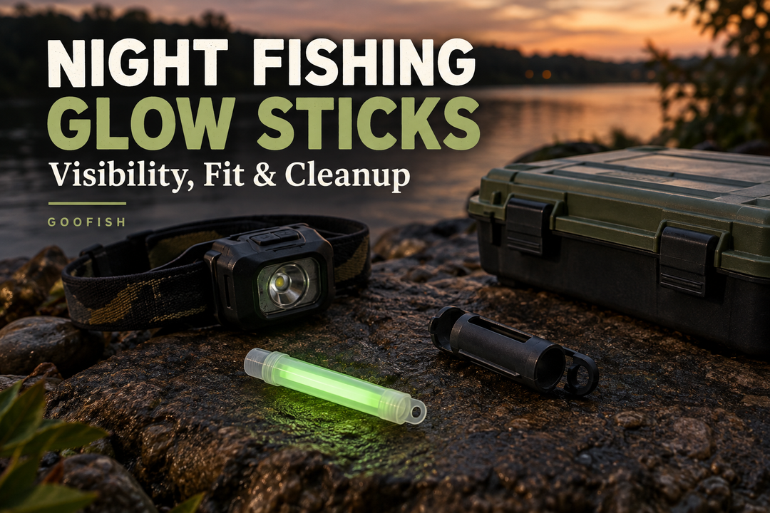Night Fishing Glow Sticks cover showing a generic sealed green light stick, separate holder, headlamp and tackle box beside the water at dusk