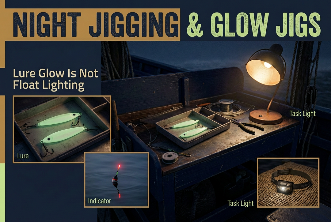 Night tackle station with softly glowing jigs, a separately illuminated float and headlamp inset beneath the headline Night Jigging and Glow Jigs.