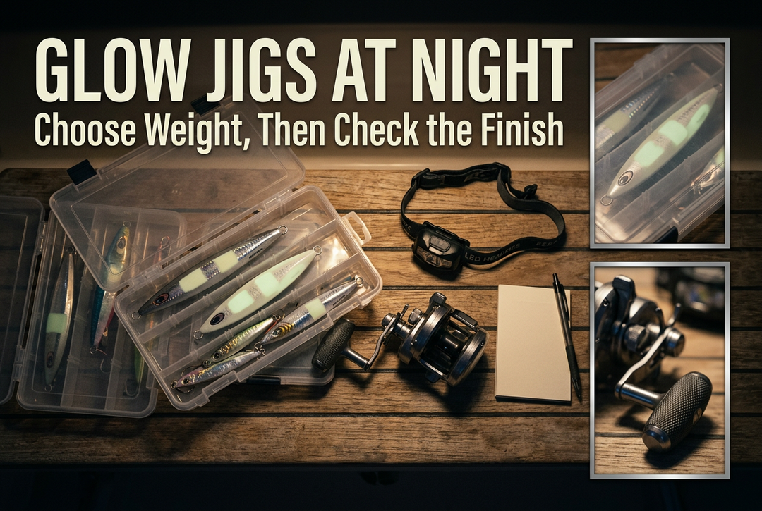Glow Jigs at Night cover showing generic metal jigs in clear tackle cases, a separate overhead reel, headlamp and blank notes on a warmly lit preparation table.