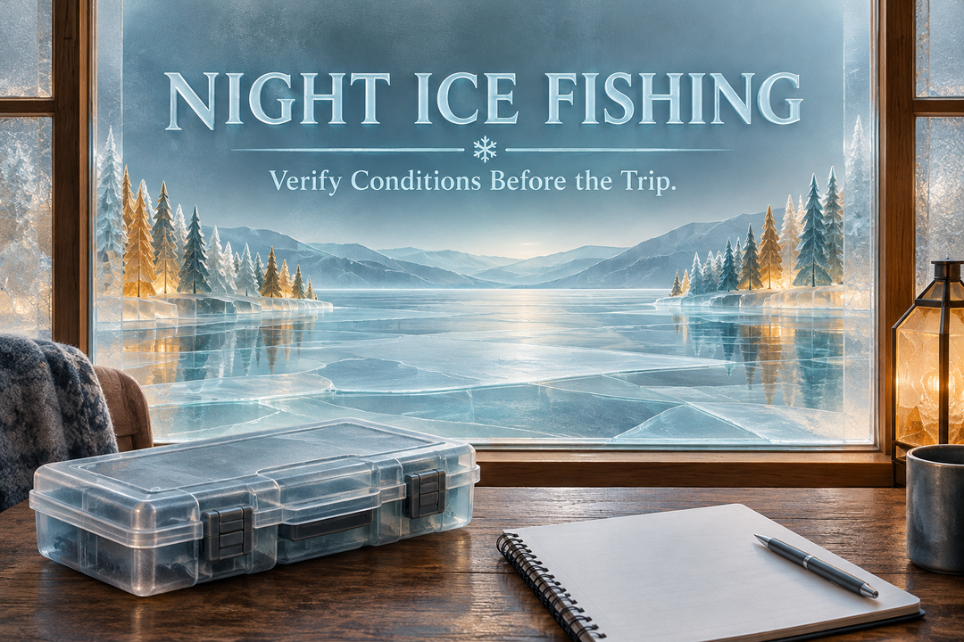 Night Ice Fishing English cover showing a conceptual frozen lake from an indoor window with a closed tackle case and notebook, not evidence of safe ice.