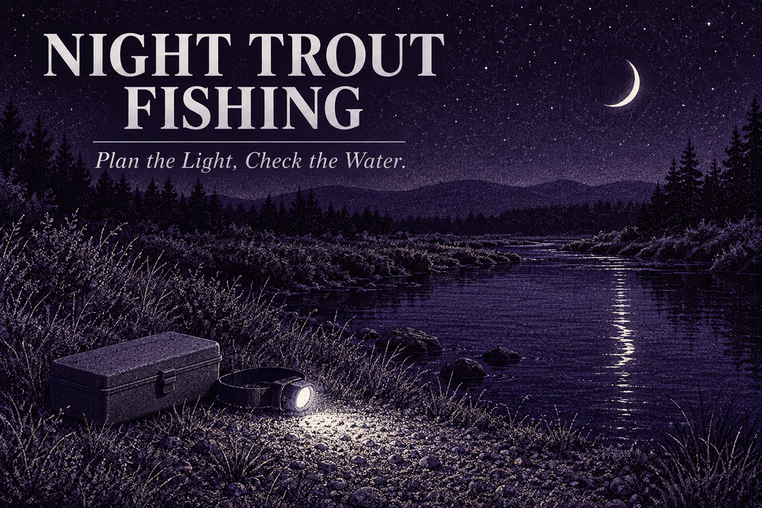 Night Trout Fishing English cover in a purple and silver stippled style with a crescent moon, stream, closed tackle case and a lit headlamp.