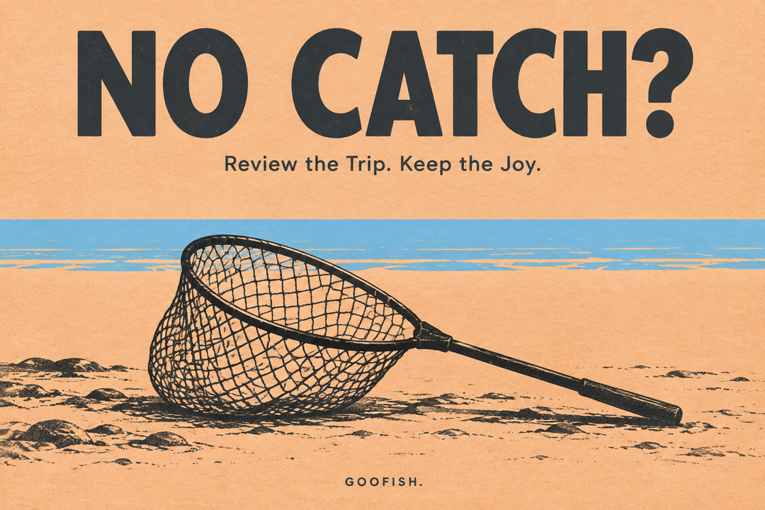 No Catch editorial cover with an empty landing net in charcoal and apricot print style beneath a pale-blue horizon stripe