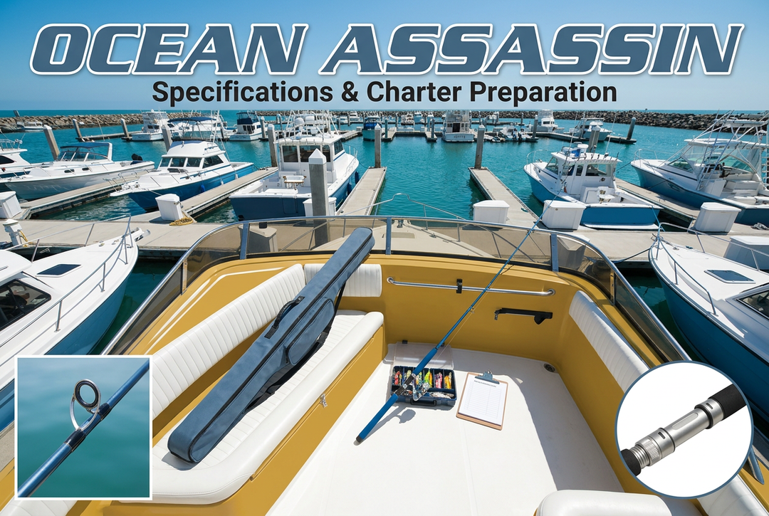 Sunny marina cockpit with generic unloaded rod, protective case and tackle insets beneath Ocean Assassin: Specifications and Charter Preparation.