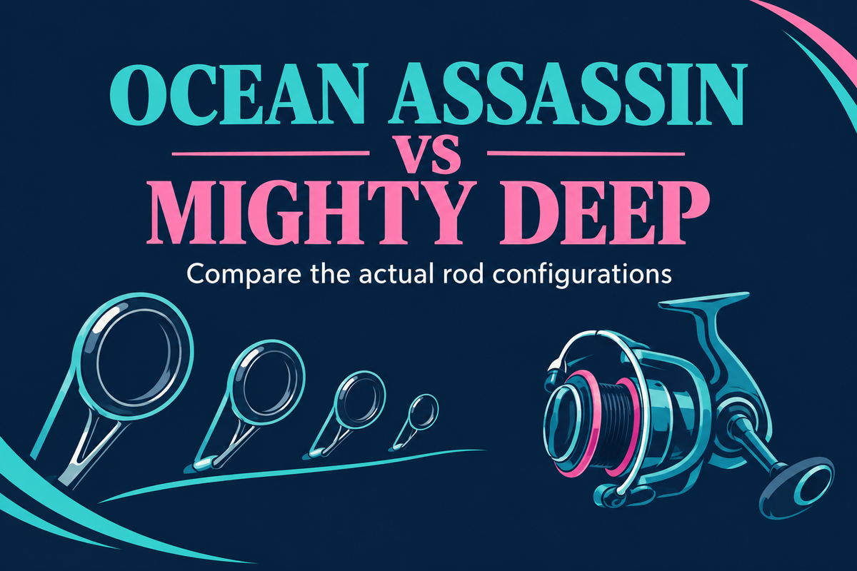 Ocean Assassin versus Mighty Deep editorial cover with illustrated guide rings and a spinning reel