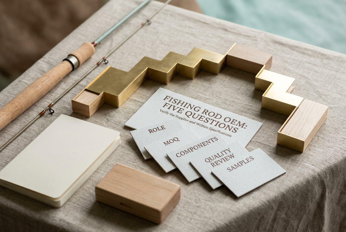 Fishing Rod OEM Five Questions photo-style cover with stepped gold framing, cards labelled Role, MOQ, Components, Quality Review and Samples, plus a generic rod and blank notebook.