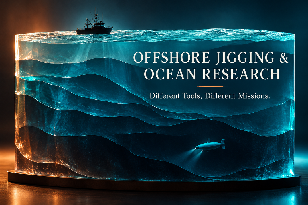 Offshore Jigging and Ocean Research English cover with a conceptual layered acrylic ocean model, a surface vessel and a separate underwater research vehicle.