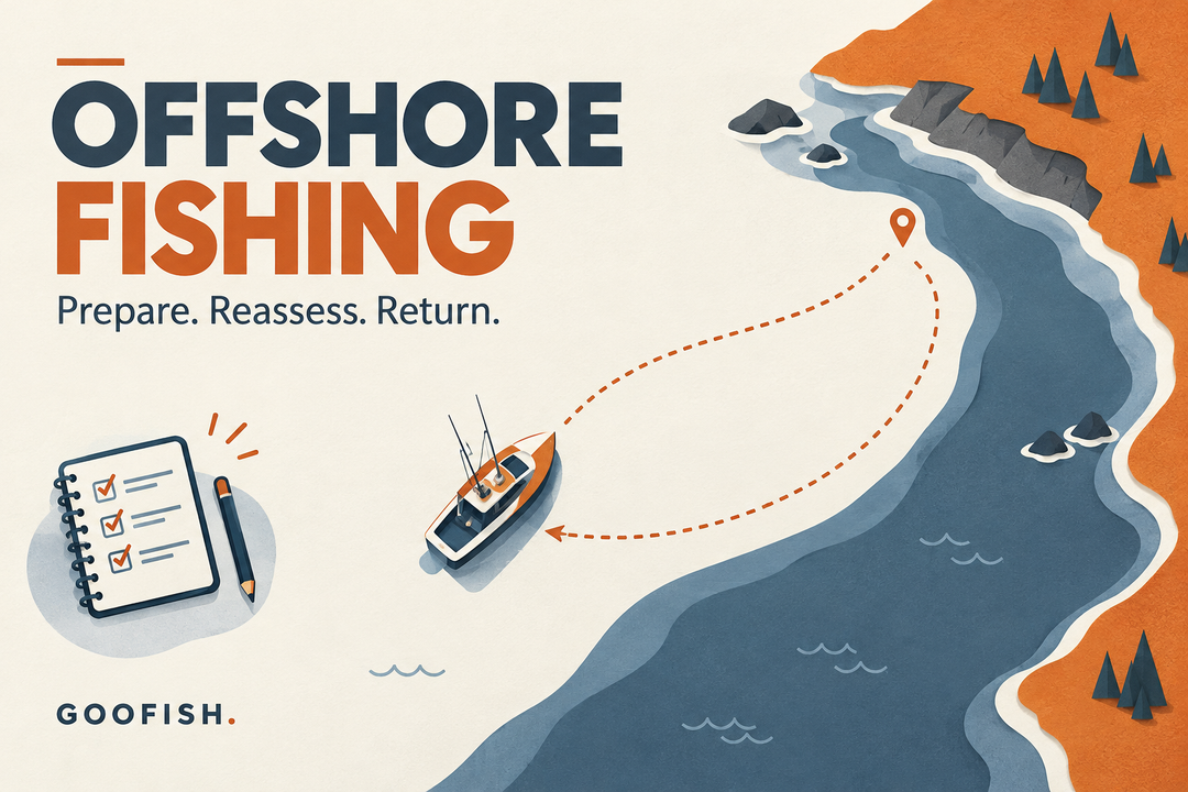 Offshore Fishing cover in orange and slate paper-cut style showing a conceptual boat route, coastline and preparation notebook
